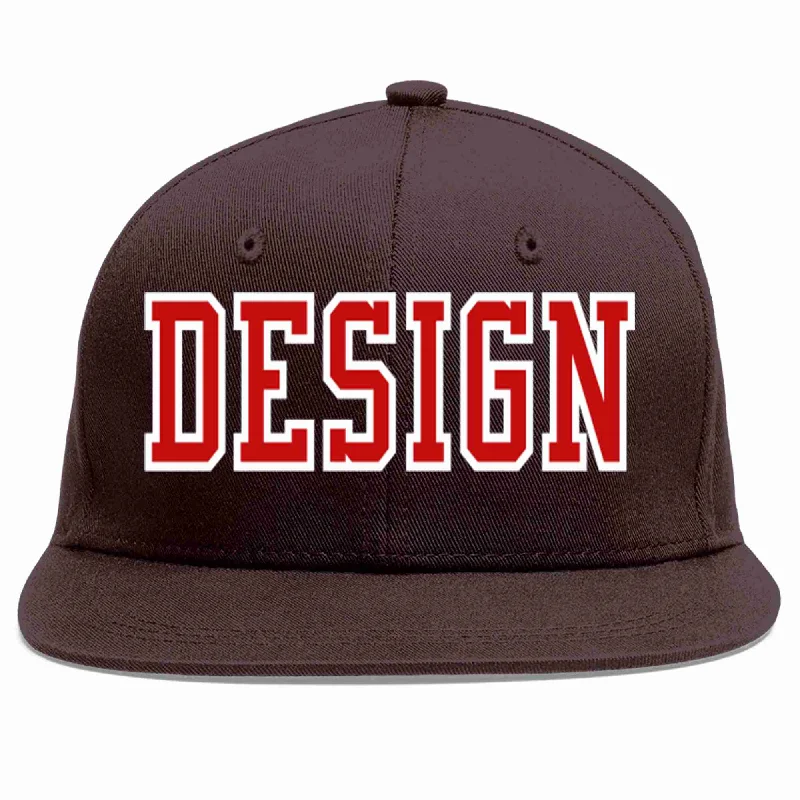 Five-Panel Baseball Cap-Custom Brown Red-White Flat Eaves Sport Baseball Cap Design for Men/Women/Youth