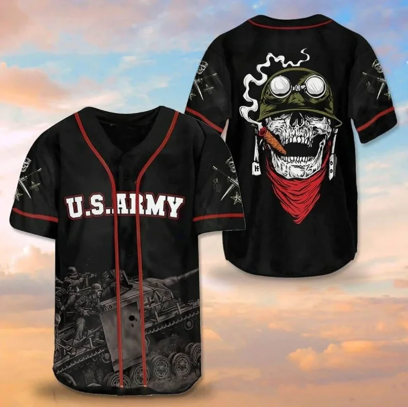 Football Jersey With Signature Style-Basketball Jersey With Signature Style-Baseball Jersey With Custom Artwork-U.S. Army Military Skull Baseball Jersey, Idea Gift for Army Veteran