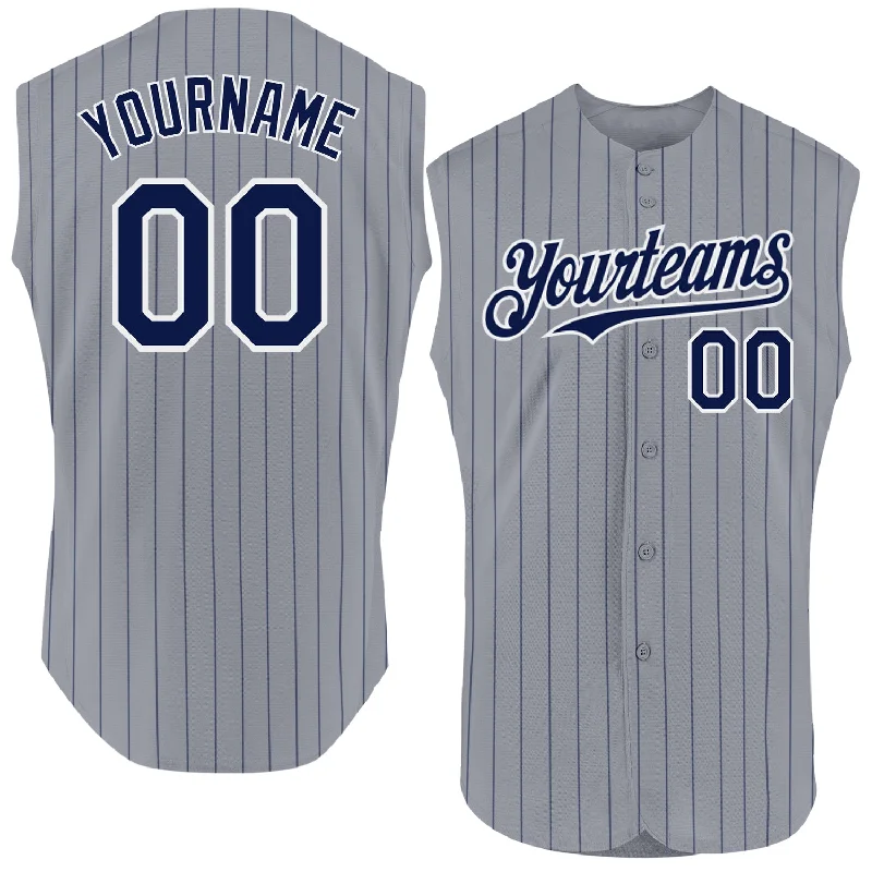 Football Jersey With Traditional Look-Basketball Jersey With Sporty Look-Baseball Jersey With Festival Theme-Custom Gray Navy Pinstripe White Authentic Sleeveless Baseball Jersey