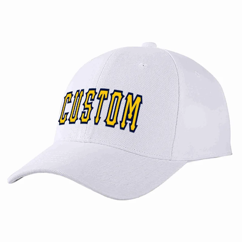 Trendy Baseball Cap-Custom White Yellow-Navy Curved Eaves Sport Baseball Cap Design for Men/Women/Youth