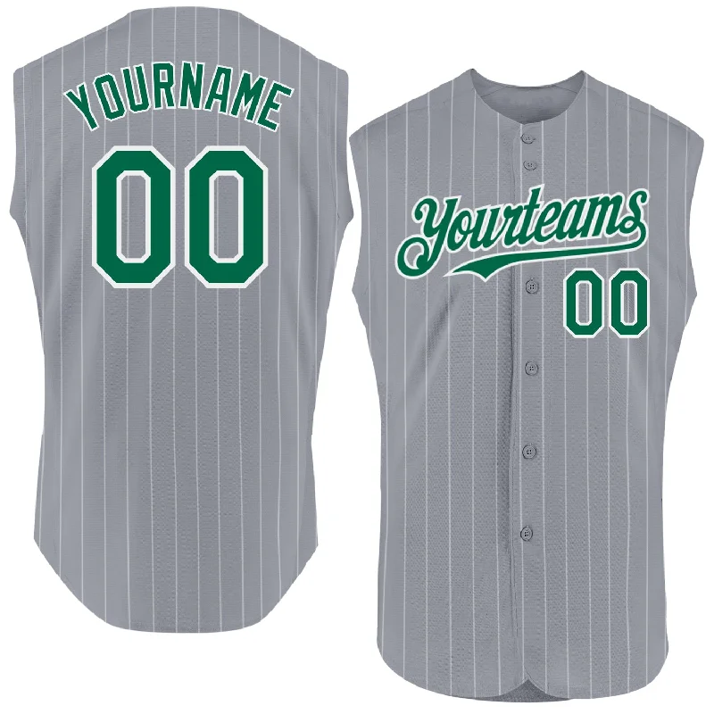 Football Jersey With Breathable Mesh-Basketball Jersey With Breathable Mesh-Baseball Jersey With Pop Art Style-Custom Gray White Pinstripe Kelly Green Authentic Sleeveless Baseball Jersey