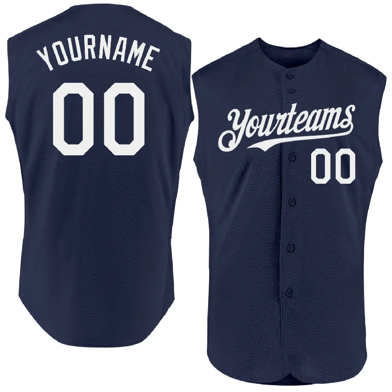 Football Jersey With Pinstripes-Basketball Jersey With Pinstripes-Baseball Jersey For Fundraisers-Custom Navy White Authentic Sleeveless Baseball Jersey