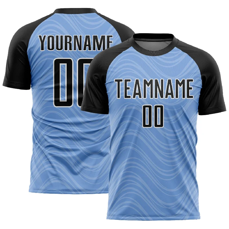 Football Jersey With Player Name-Custom Light Blue Black-White Wavy Lines Sublimation Soccer Uniform Jersey