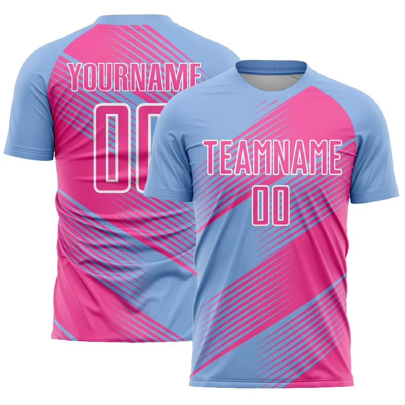 Football Jersey With Lightweight Material-Custom Light Blue Pink-White Line Sublimation Soccer Uniform Jersey