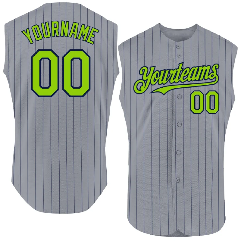 Football Jersey With Sponsor Name-Basketball Jersey With Special Offer-Baseball Jersey With Group Outfit Design-Custom Gray Navy Pinstripe Neon Green Authentic Sleeveless Baseball Jersey