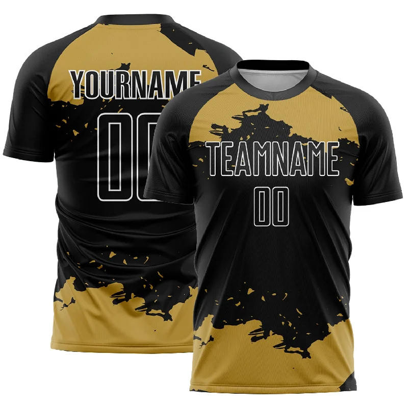 Football Jersey For International Teams-Custom Black Old Gold-White Abstract Fragment Art Sublimation Soccer Uniform Jersey