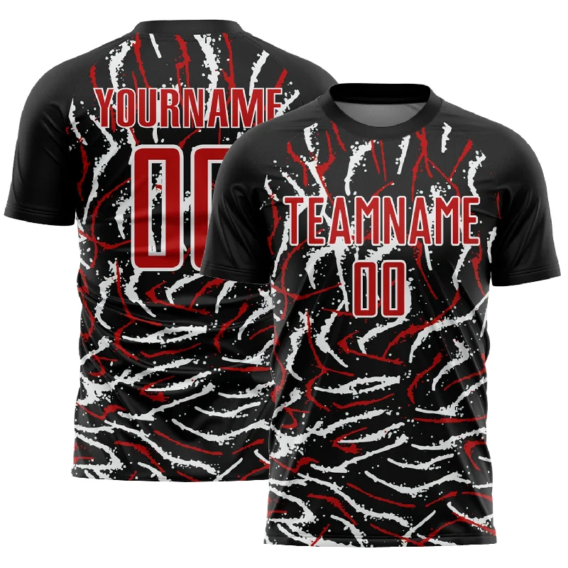 Football Jersey For Gameday Look-Custom Black Red-White Curved And Wavy Lines Sublimation Soccer Uniform Jersey