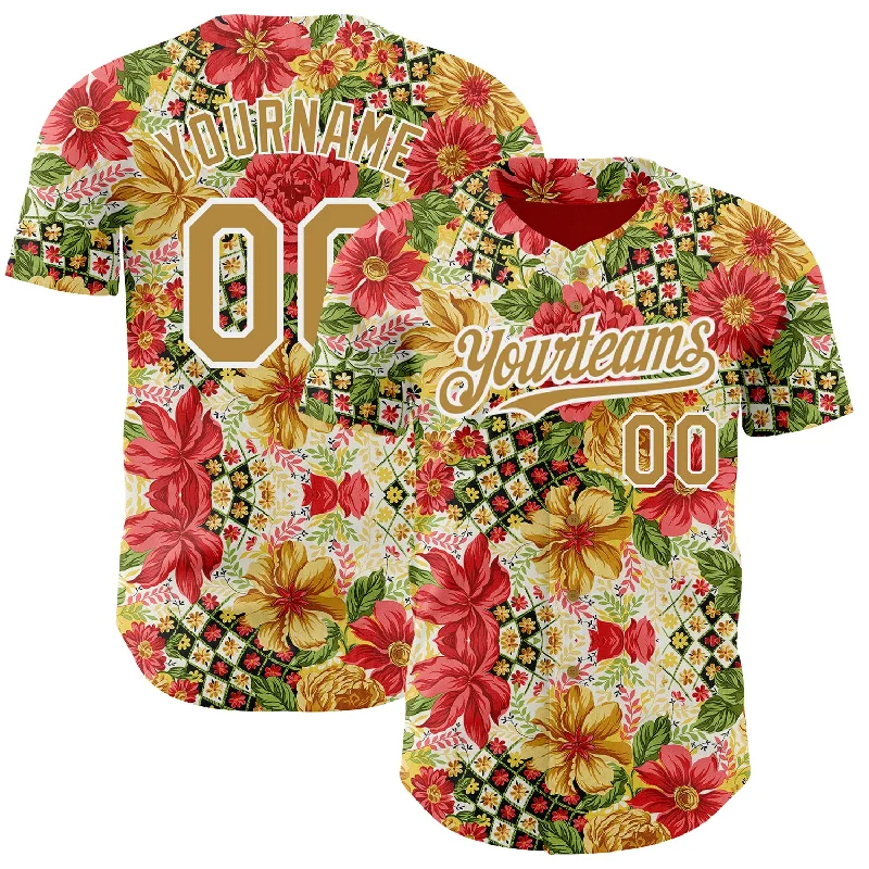 Football Jersey With Stripes On Sleeves-Basketball Jersey With Stripes On Sleeves-Baseball Jersey With Star Graphics-Custom Red Old Gold-White 3D Pattern Design Northeast China Big Flower Authentic Baseball Jersey