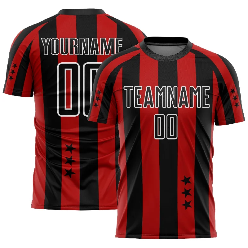 Football Jersey With Number Print-Custom Red Black-White Stars And Squares Sublimation Soccer Uniform Jersey