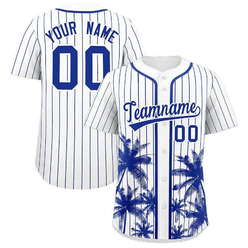 Football Jersey For Hip-Hop Style-Basketball Jersey For Hip-Hop Style-Baseball Jersey With Hood-Custom White Royal Pinstripe Coconut Tree Pattern Authentic Baseball Jersey