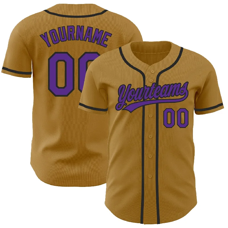 Football Jersey With Shiny Finish-Basketball Jersey With Shiny Finish-Baseball Jersey With Gold Trim-Custom Old Gold Purple-Black Authentic Baseball Jersey