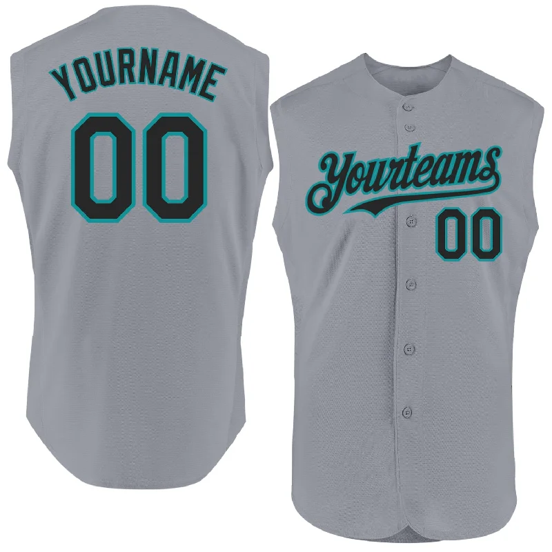 Football Jersey For Winter-Basketball Jersey For Winter-Baseball Jersey With Buttons-Custom Gray Black-Teal Authentic Sleeveless Baseball Jersey