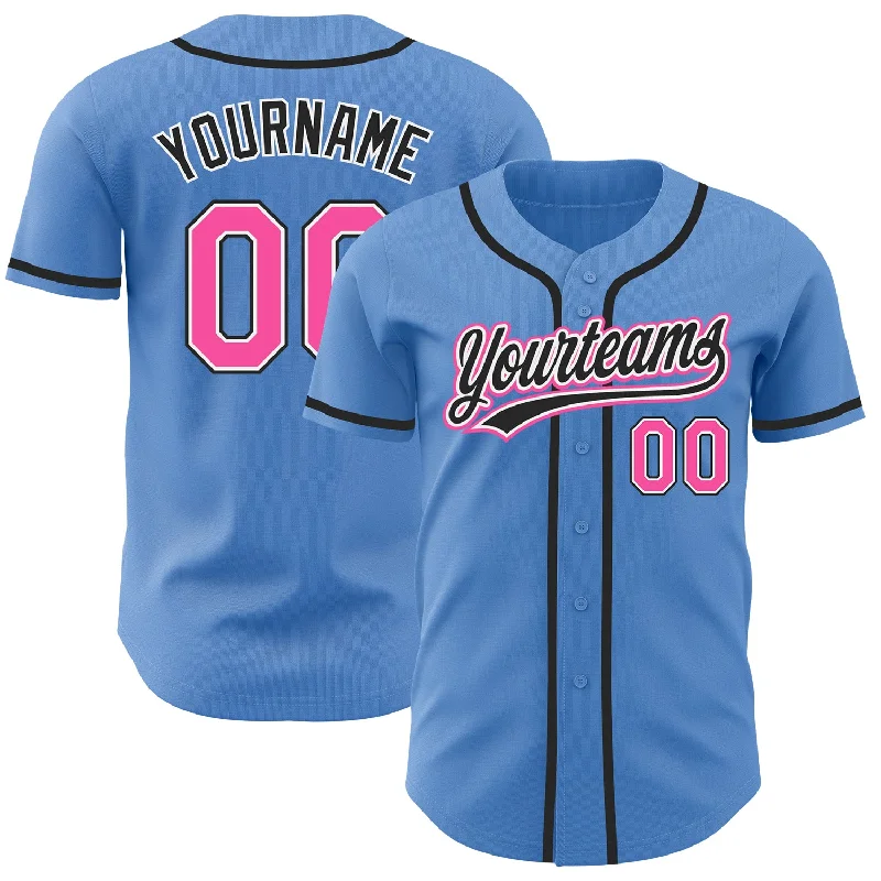 Football Jersey With Custom Graphics-Basketball Jersey With Custom Graphics-Baseball Jersey With Adjustable Fit-Custom Powder Blue Pink-Black Authentic Baseball Jersey