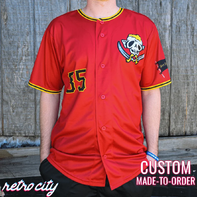 Football Jersey With Sublimation Print-Basketball Jersey With Sublimation Print-Baseball Jersey With Shoulder Stripes-Sloth Pirates Baseball Jersey (Red)