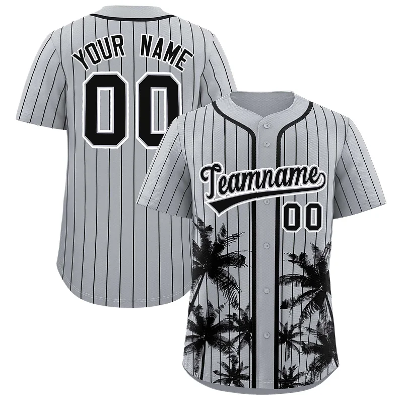 Football Jersey For College Teams-Basketball Jersey For College Teams-Baseball Jersey With Name-Custom Gray Black Pinstripe Coconut Tree Pattern Authentic Baseball Jersey