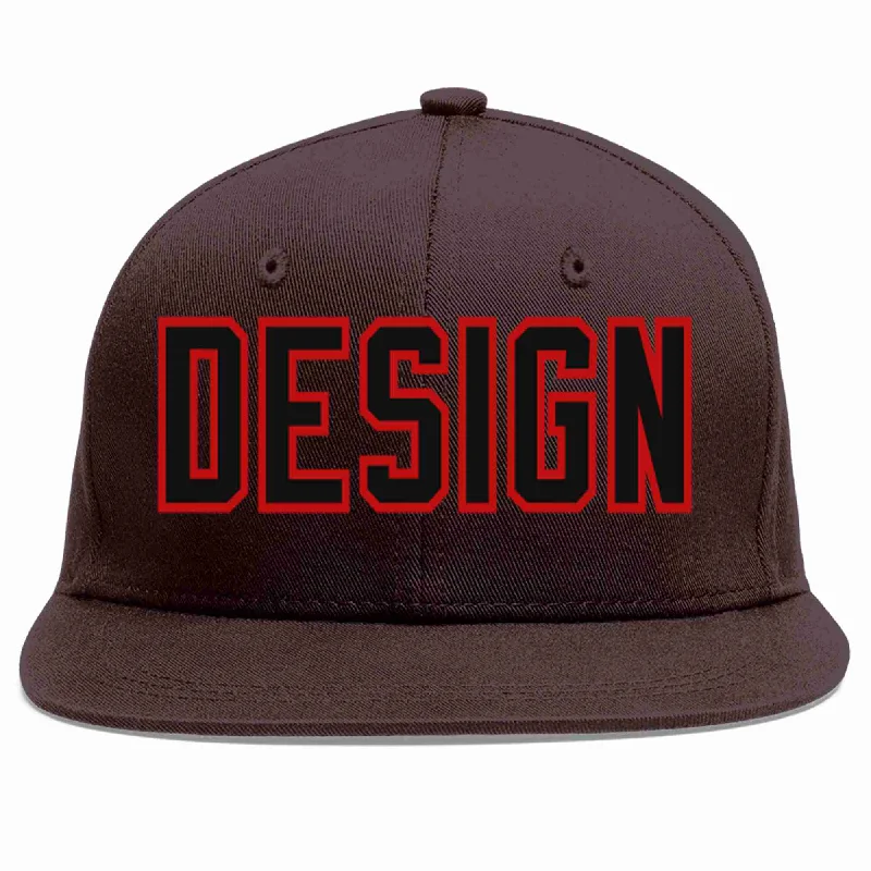 Two-Tone Baseball Cap-Custom Brown Black-Red Flat Eaves Sport Baseball Cap Design for Men/Women/Youth