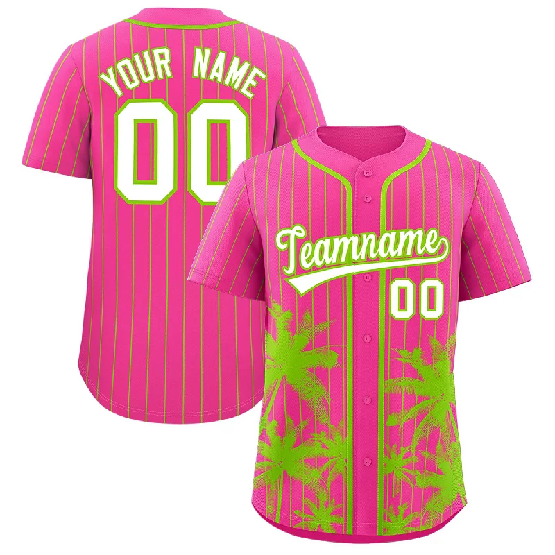 Home Football Jersey-Home Basketball Jersey-Collector’s Baseball Jersey-Custom Pink Neon Green Pinstripe Coconut Tree Pattern Authentic Baseball Jersey