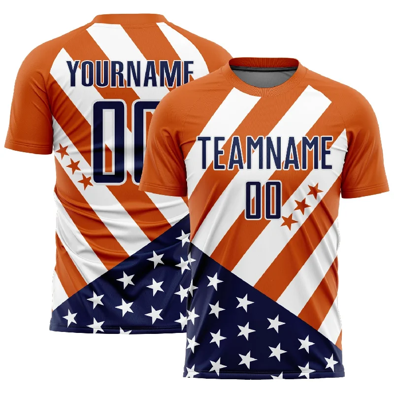 Football Jersey With Custom Design-Custom Bay Orange Navy-White Vintage American Flag Sublimation Soccer Uniform Jersey