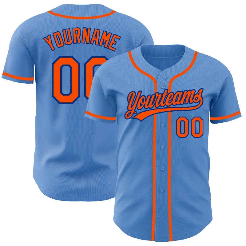 Football Jersey With Sponsor Logo-Basketball Jersey With Sponsor Logo-Baseball Jersey With Stitched Lettering-Custom Powder Blue Orange-Royal Authentic Baseball Jersey