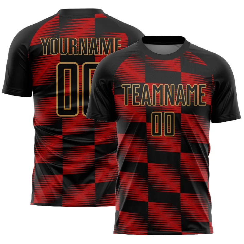 Football Jersey For University Teams-Custom Black Red-Old Gold Lines Sublimation Soccer Uniform Jersey