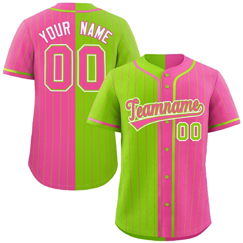 Football Jersey With Neon Colors-Basketball Jersey With Neon Colors-Baseball Jersey For Fans-Custom Neon Green Pink Two Tone Striped Fashion Authentic Baseball Jersey