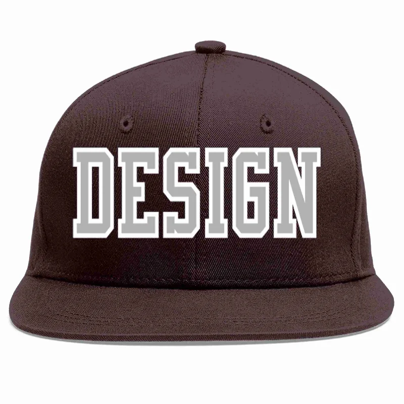 Six-Panel Baseball Cap-Custom Brown Gray-White Flat Eaves Sport Baseball Cap Design for Men/Women/Youth