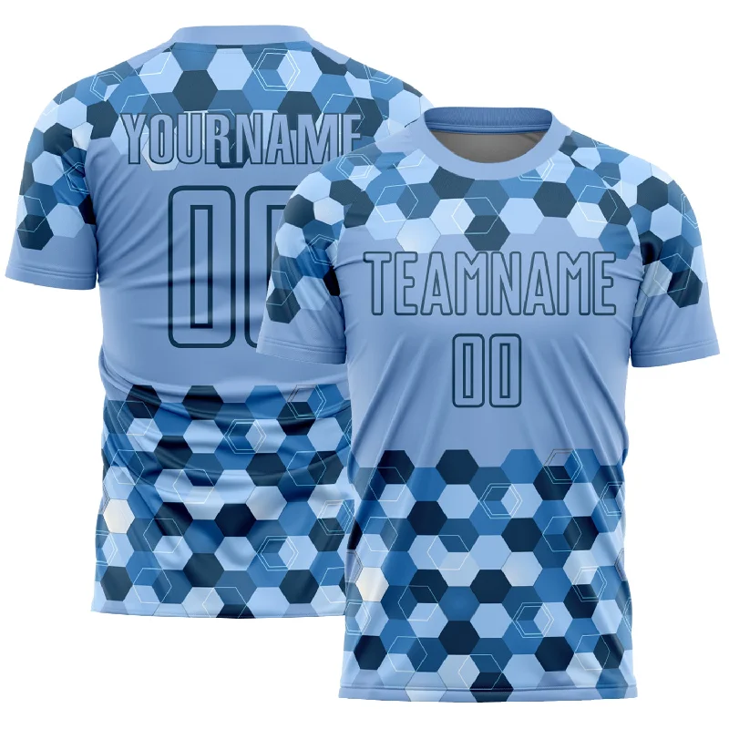 Football Jersey For School Teams-Custom Light Blue Black Geometric Shapes Sublimation Soccer Uniform Jersey