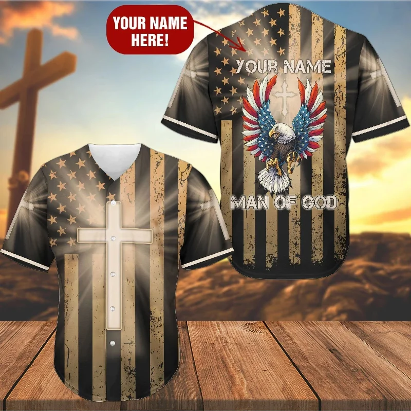 Football Jersey With Metallic Accents-Basketball Jersey With Metallic Accents-Baseball Jersey With Mesh Panels-Cross America Flag Eagle Baseball Jersey - Man Of God Custom Baseball Jersey For Men Women