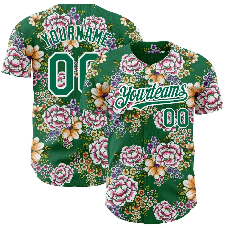 Football Jersey With Embroidered Lettering-Basketball Jersey With Embroidered Lettering-Baseball Jersey With Animal Print-Custom Kelly Green White 3D Pattern Design Northeast China Big Flower Authentic Baseball Jersey