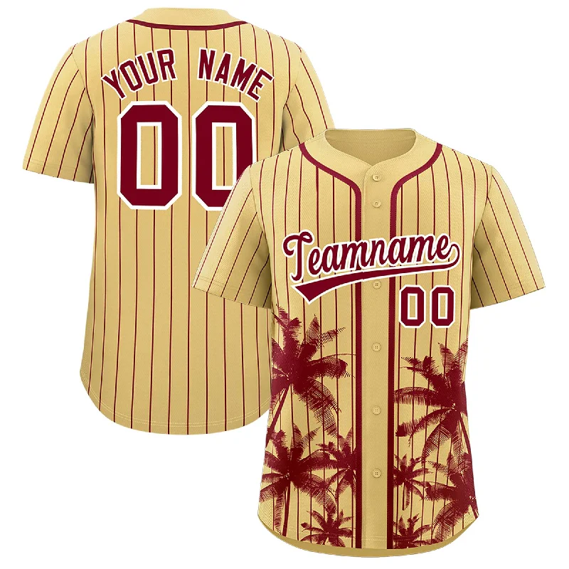 Youth League Football Jersey-Youth League Basketball Jersey-90s Style Baseball Jersey-Custom Khaki Crimson Pinstripe Coconut Tree Pattern Authentic Baseball Jersey