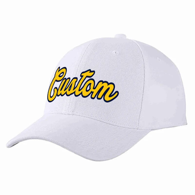 Unstructured Baseball Cap-Custom White Yellow-Navy Curved Eaves Sport Baseball Cap Design for Men/Women/Youth