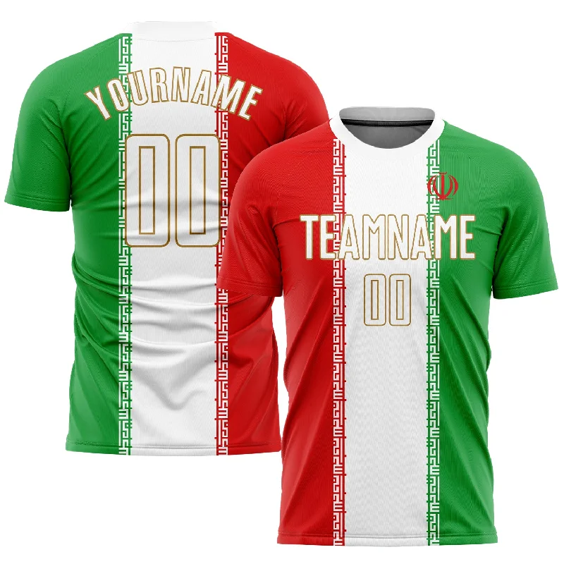 Football Jersey For Game Day-Custom Red White Kelly Green-Old Gold Sublimation Iranian Flag Soccer Uniform Jersey