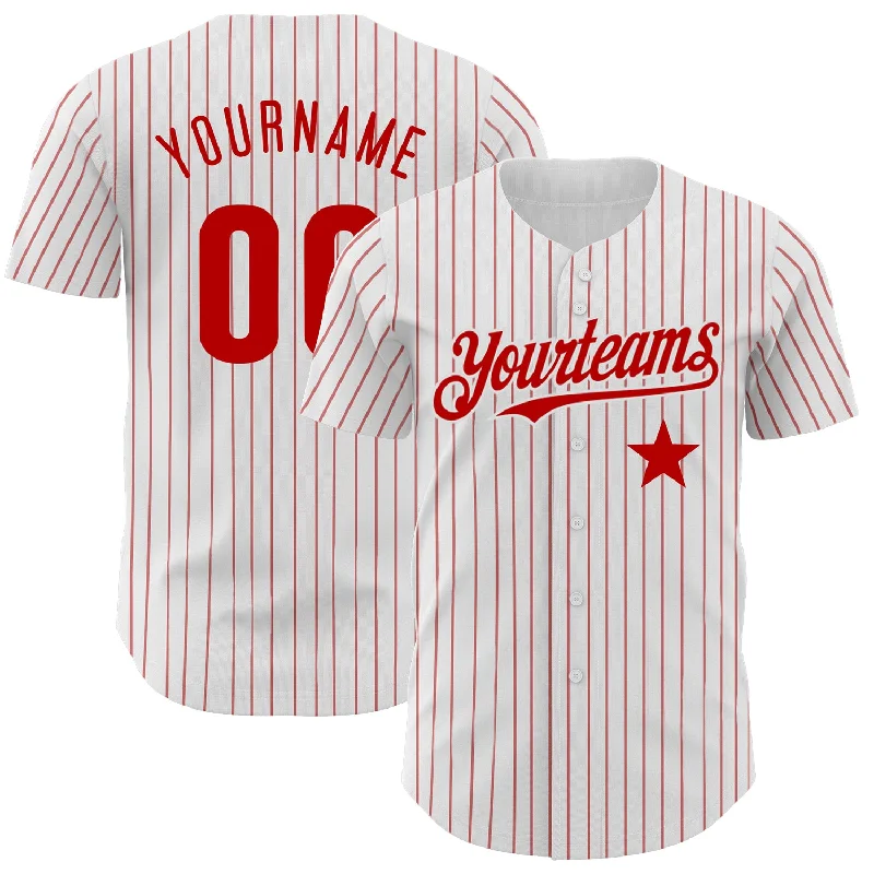 Football Jersey For Streetwear-Basketball Jersey For Streetwear-Baseball Jersey With Collar-Custom White Red Pinstripe Authentic Red Star Baseball Jersey