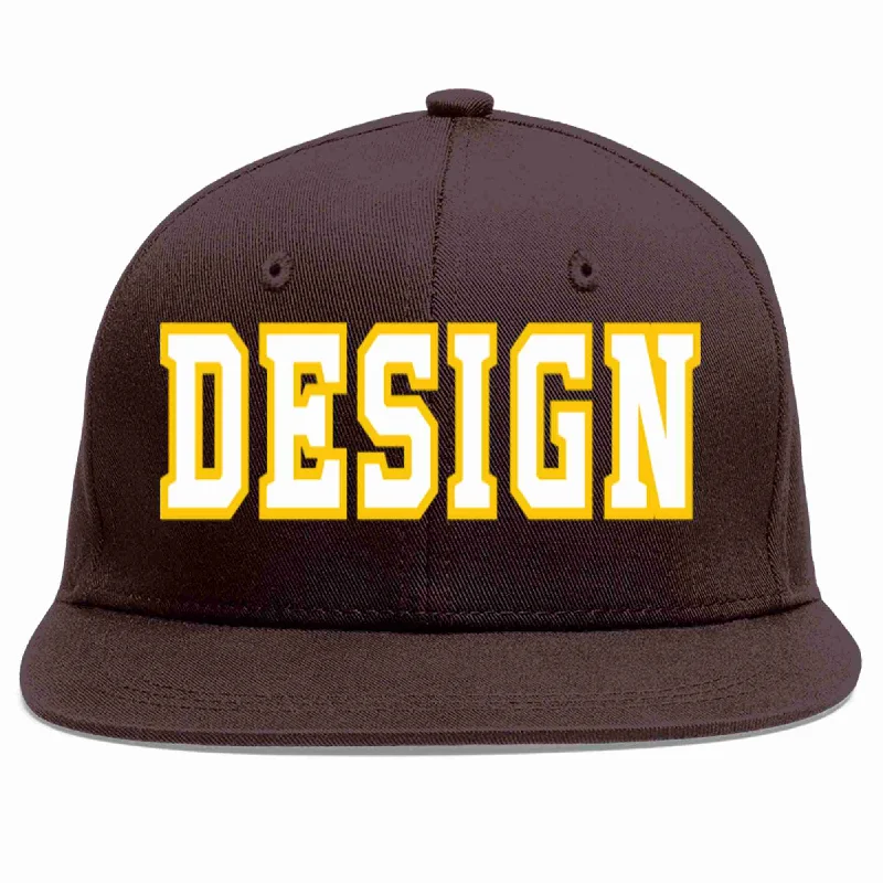 One-Of-A-Kind Baseball Cap-Custom Brown White-Gold Flat Eaves Sport Baseball Cap Design for Men/Women/Youth