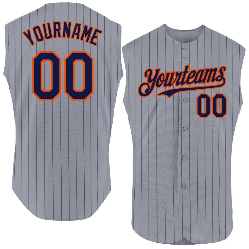 Embroidered Football Jersey-Printed Basketball Jersey-Embroidered Baseball Jersey-Custom Gray Navy Pinstripe Orange Authentic Sleeveless Baseball Jersey