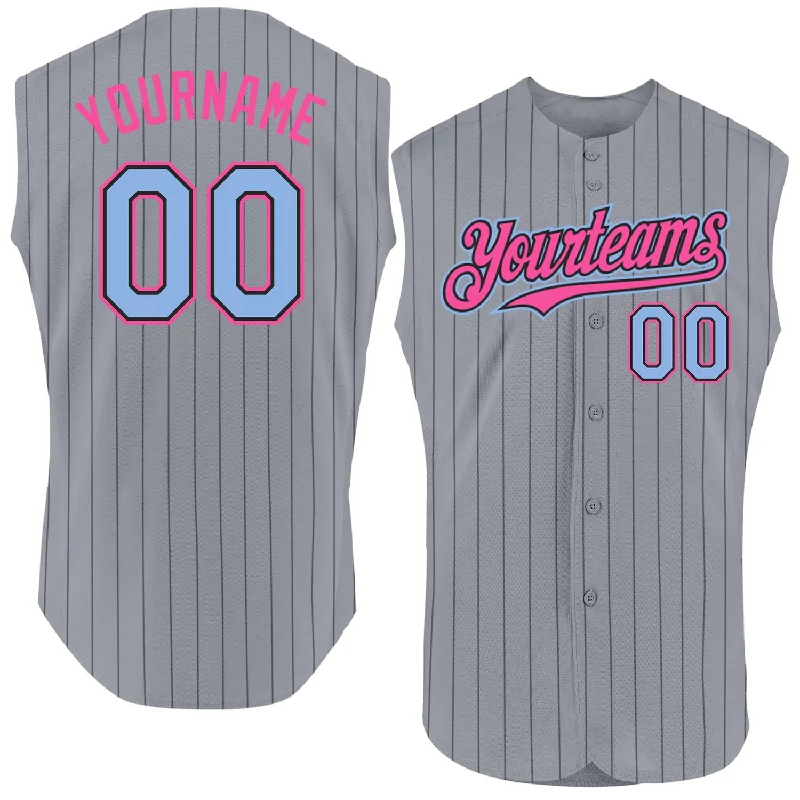 Football Jersey With National Team Emblem-Basketball Jersey With National Team Emblem-Baseball Jersey With Old-School Vibes-Custom Gray Black Pinstripe Light Blue-Pink Authentic Sleeveless Baseball Jersey