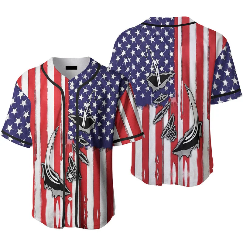 Football Jersey With Sublimation Print-Basketball Jersey With Sublimation Print-Baseball Jersey With Shoulder Stripes-Fish Hook American Flag Baseball Jersey , Idea Gift for Men & Women