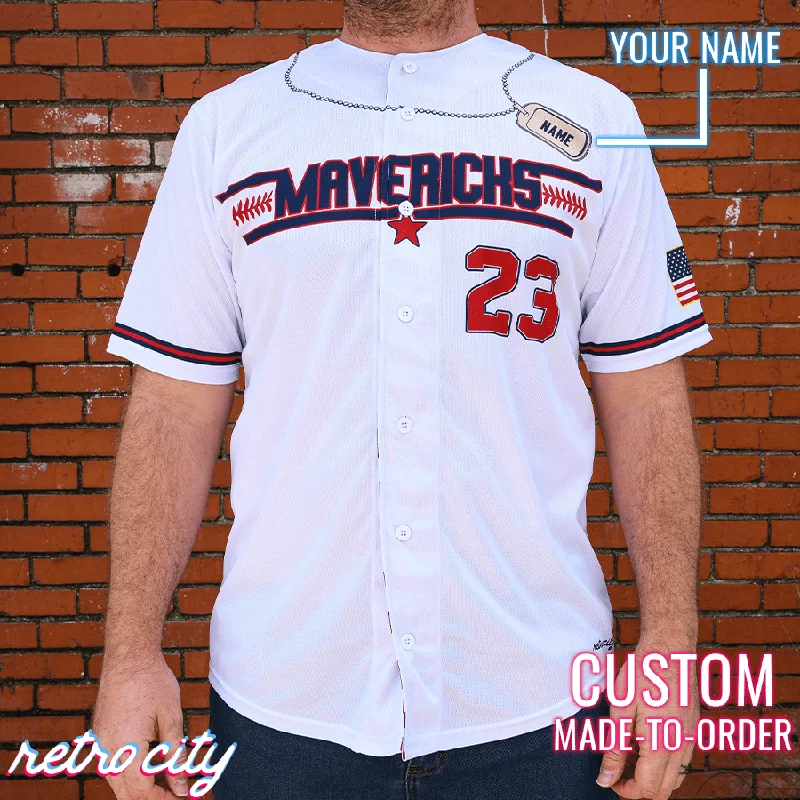 Football Jersey With Sponsor Logo-Basketball Jersey With Sponsor Logo-Baseball Jersey With Stitched Lettering-Mavericks Wingman Full-Button Baseball Jersey