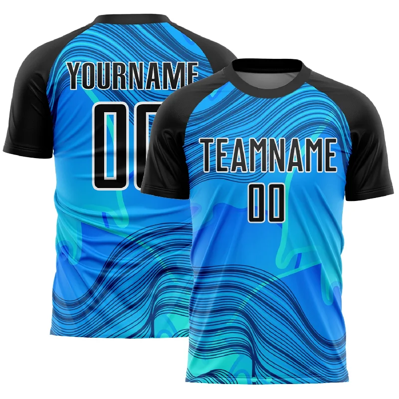 Football Jersey For Intense Action-Custom Sky Blue Black-White Waves Sublimation Soccer Uniform Jersey