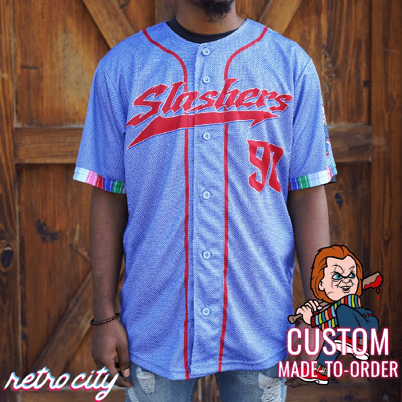 Football Jersey For Casual Wear-Basketball Jersey For Casual Wear-Baseball Jersey With Stripes-Chucky Slasher Series Full-Button Baseball Jersey