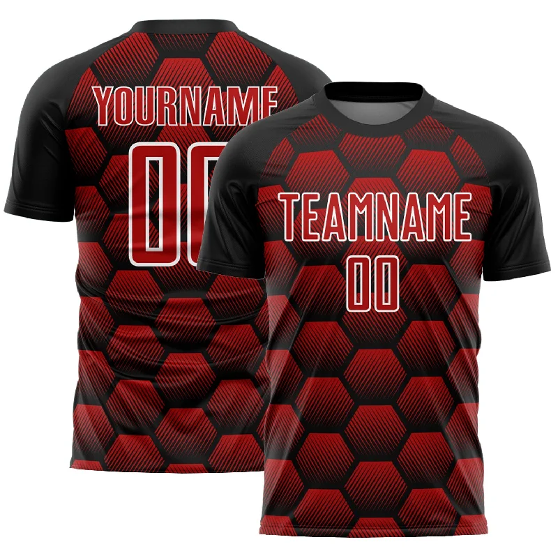 Football Jersey For Preseason Training-Custom Black Red-White Hexagons Pattern Sublimation Soccer Uniform Jersey