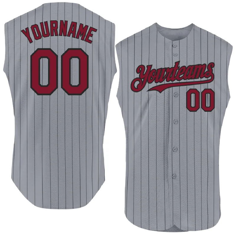 Football Jersey With Championship Emblem-Basketball Jersey With Championship Emblem-Baseball Jersey With Music Notes-Custom Gray Black Pinstripe Crimson Authentic Sleeveless Baseball Jersey