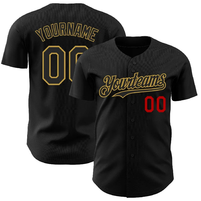 Football Jersey With V-Neck Design-Basketball Jersey With V-Neck Design-Baseball Jersey For Winter-Custom Black Old Gold-Red Authentic Baseball Jersey