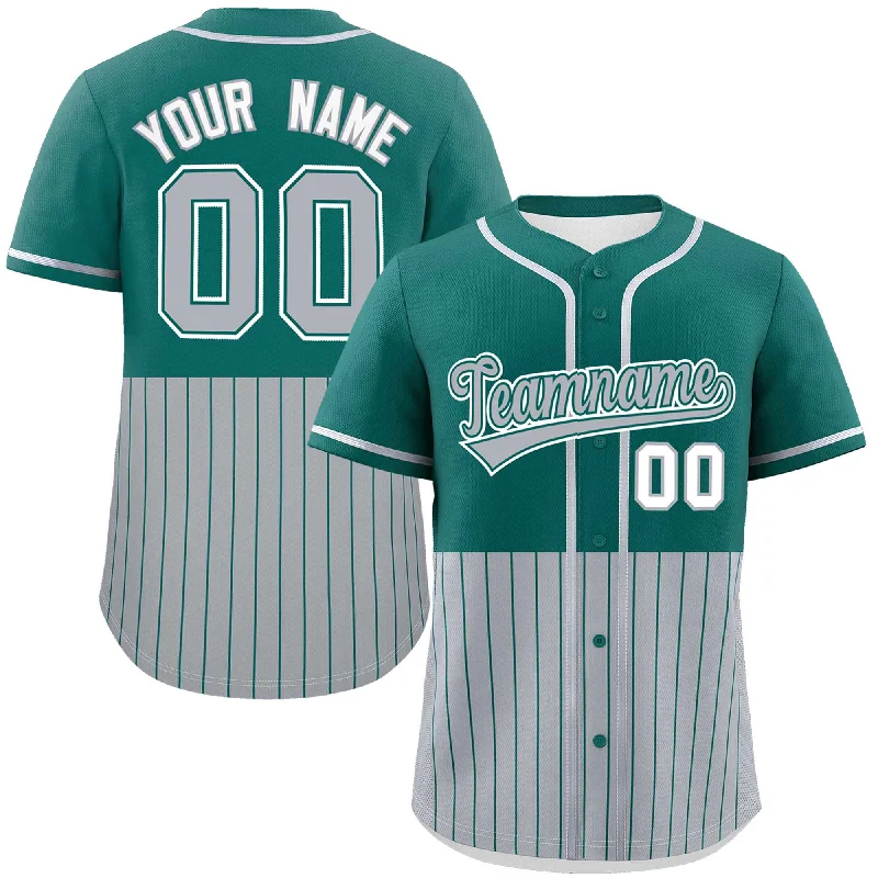 Football Jersey With Historic Print-Basketball Jersey With Sponsor Name-Baseball Jersey With Family Matching Set-Custom Aqua Gray Personalized Half Stripe Design Authentic Baseball Jersey