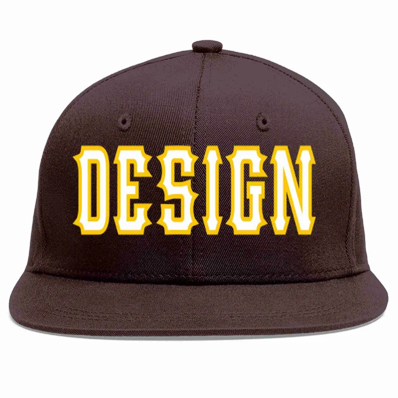 Security Baseball Cap-Custom Brown White-Gold Flat Eaves Sport Baseball Cap Design for Men/Women/Youth