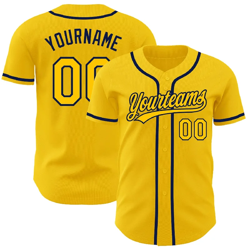 Football Jersey With Personalized Slogan-Basketball Jersey With Personalized Slogan-Baseball Jersey With Floral Design-Custom Yellow Navy Authentic Baseball Jersey