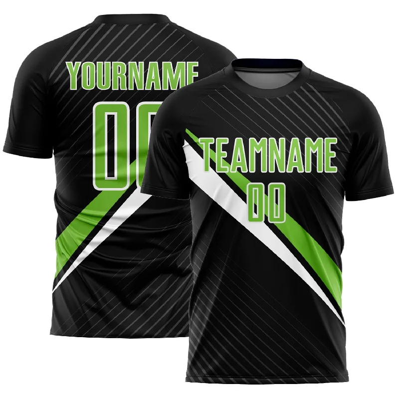 Football Jersey With Vivid Colors-Custom Black Neon Green-White Diagonal Lines Sublimation Soccer Uniform Jersey