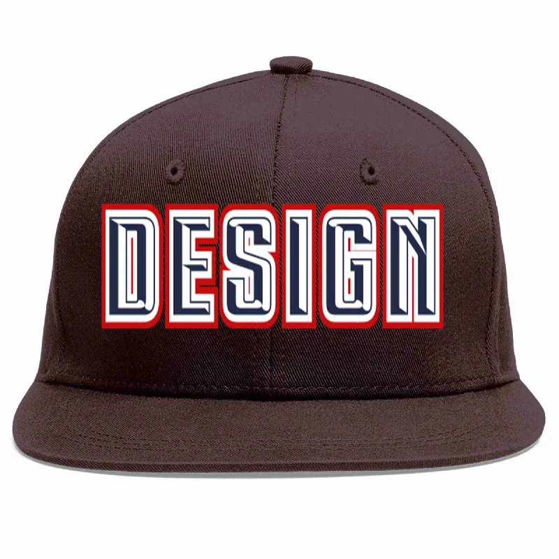 Hiking Baseball Cap-Custom Brown Navy-White Flat Eaves Sport Baseball Cap Design for Men/Women/Youth