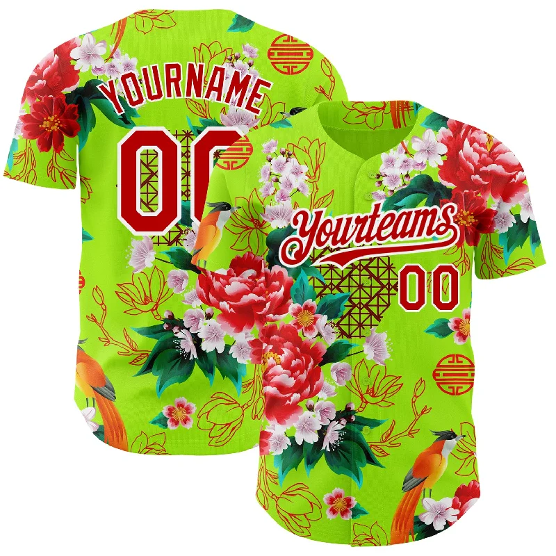 Football Jersey With Matte Finish-Basketball Jersey With Matte Finish-Baseball Jersey With Rose Gold Highlights-Custom Neon Green Red-White 3D Pattern Design Northeast China Big Flower Authentic Baseball Jersey