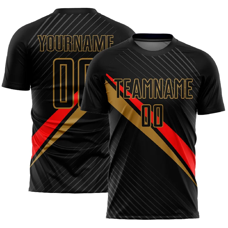 Football Jersey For Alumni-Custom Black Red-Old Gold Diagonal Lines Sublimation Soccer Uniform Jersey